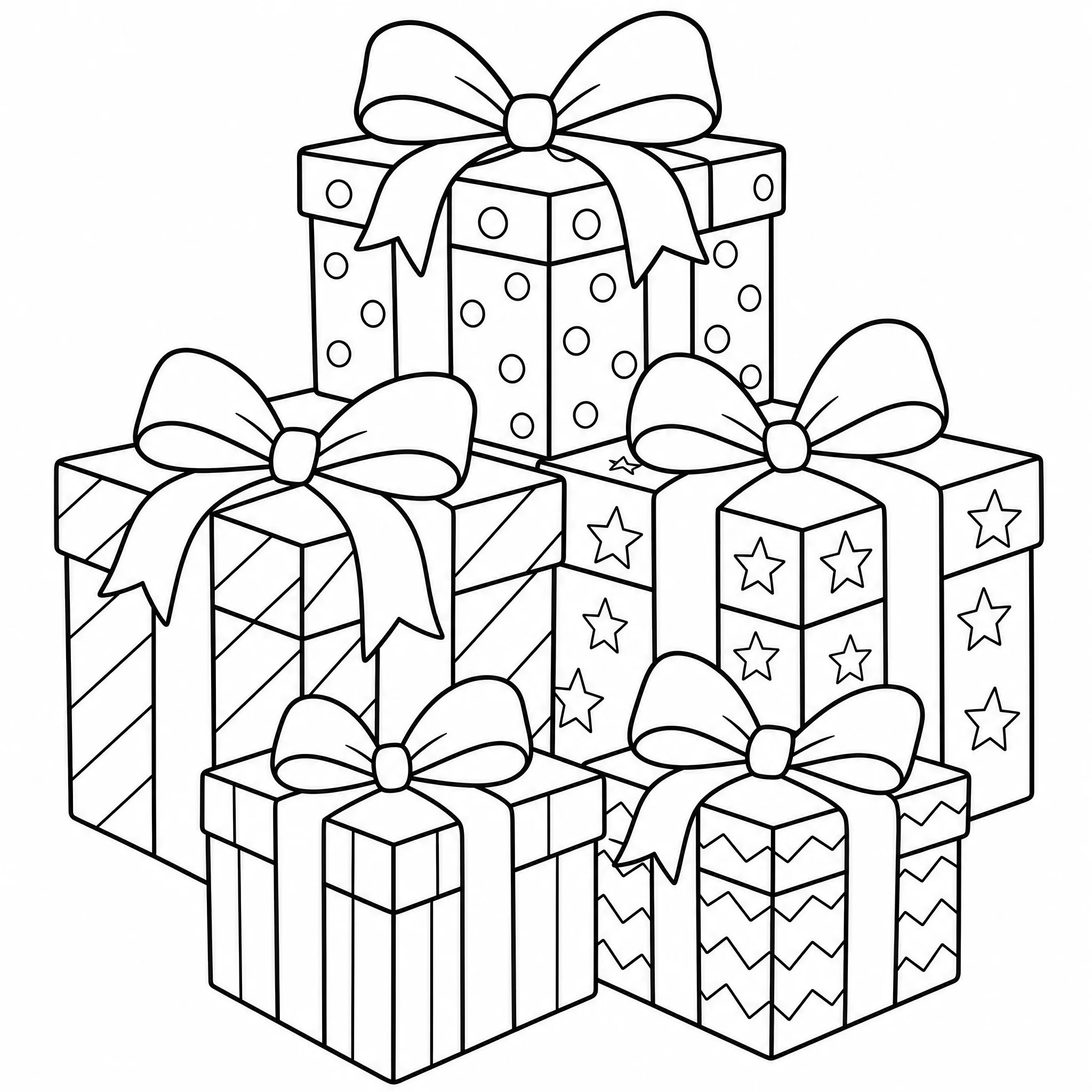 Ein Ausmalblatt mit einem Stapel eingepackter Weihnachtsgeschenke