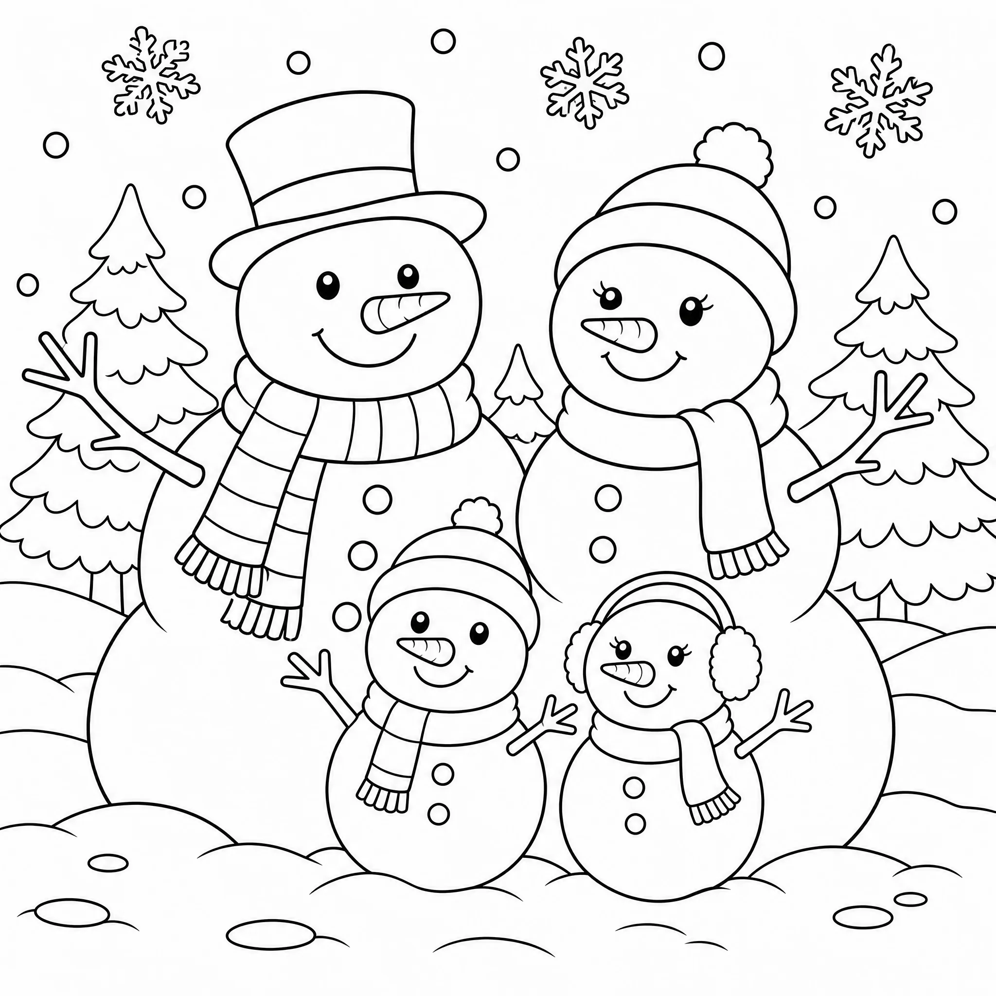 Ein Ausmalbild einer Schneemann-Familie im Schnee