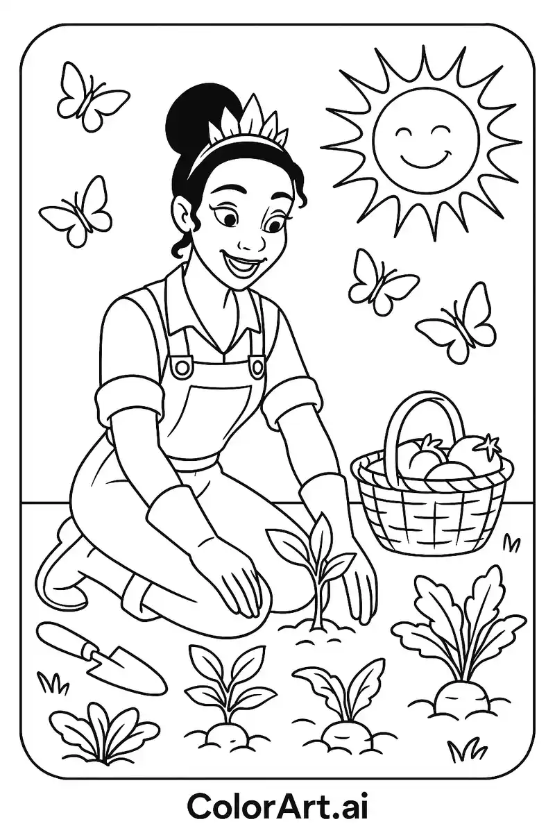 Princess Tiana Gardening Theme Coloring Page