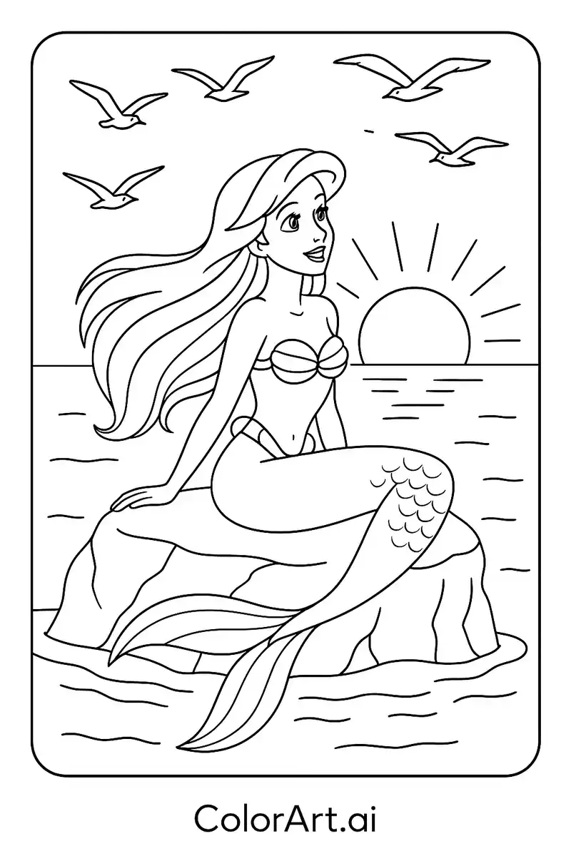 Ariel Princess Seaside Sunrise Coloring Page