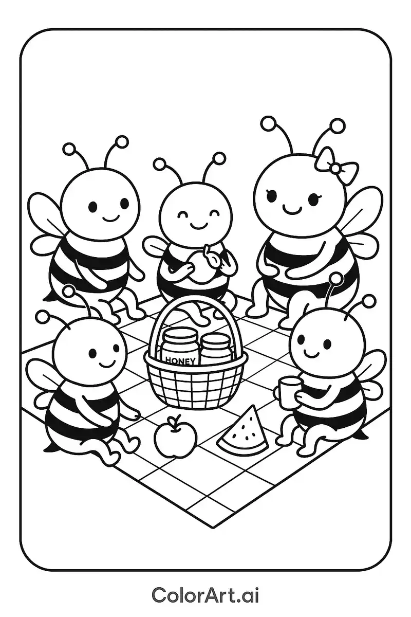 Bee Picnic Adventure: Environmental Interactions Coloring Page for Kids