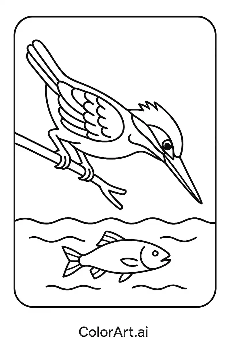 A Kingfisher Bird fishing coloring page