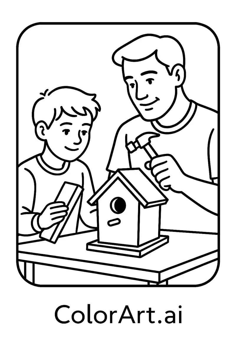 Building a birdhouse in Father's Day Coloring Page