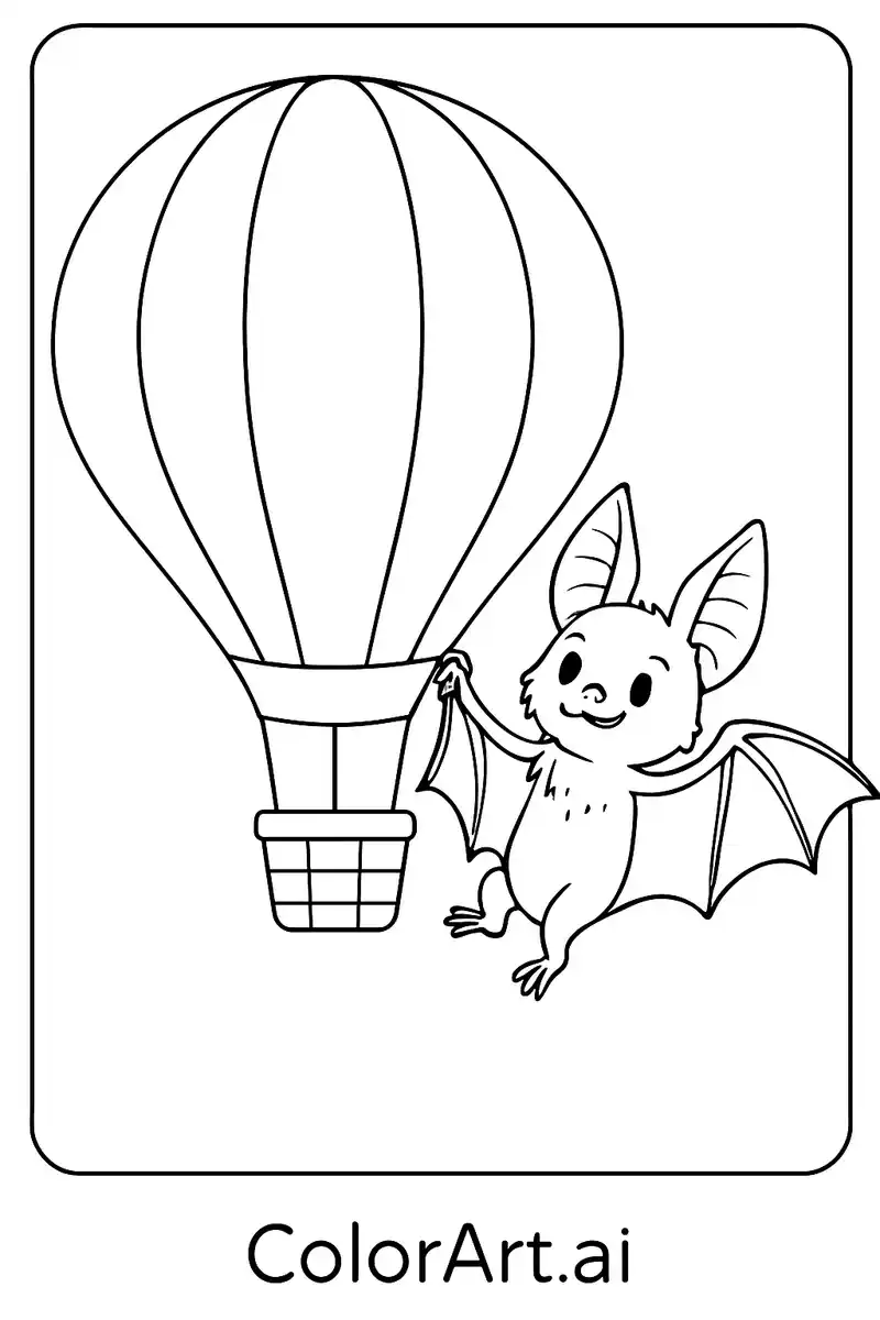 The Friendly Bat and Hot Air Balloon Coloring Page