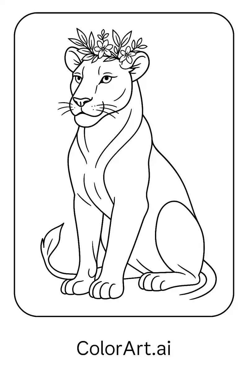 Crowned Glory Lioness with Floral Crown Coloring Page