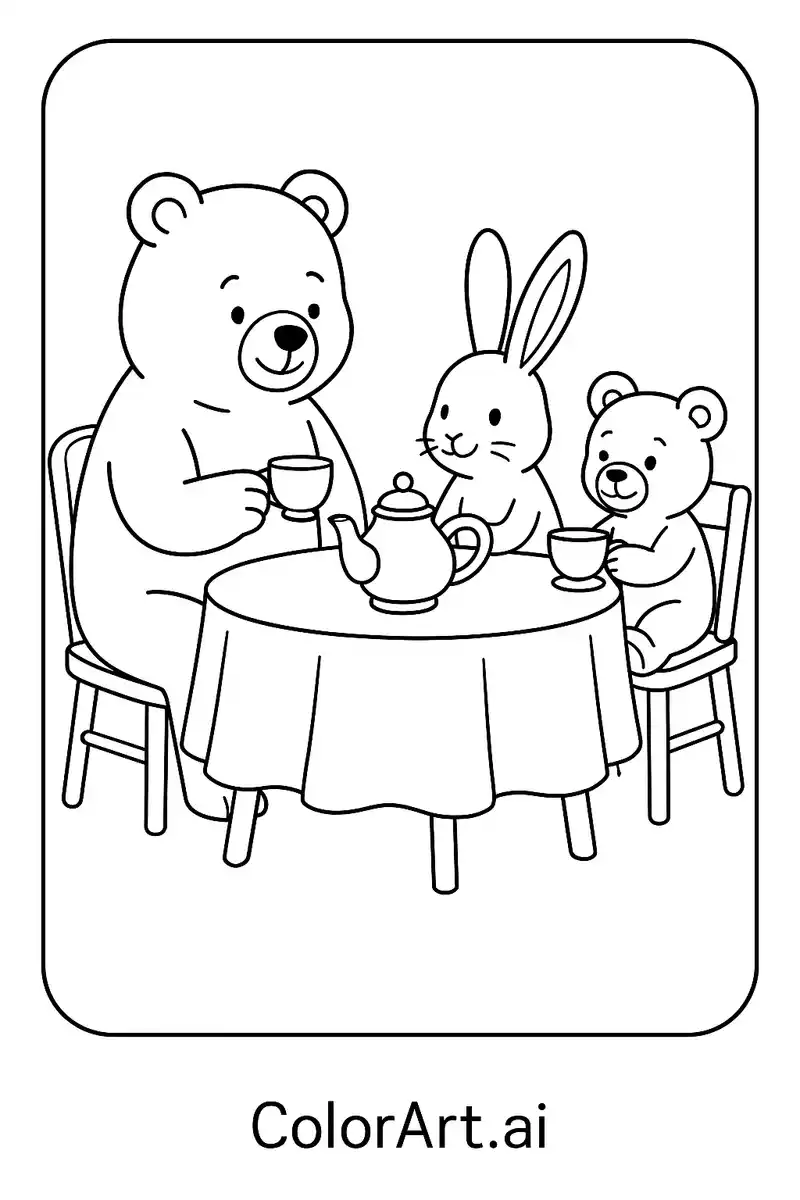 Tea Times: Bear Exploring Social Harmony with Furry Friends Coloring Page