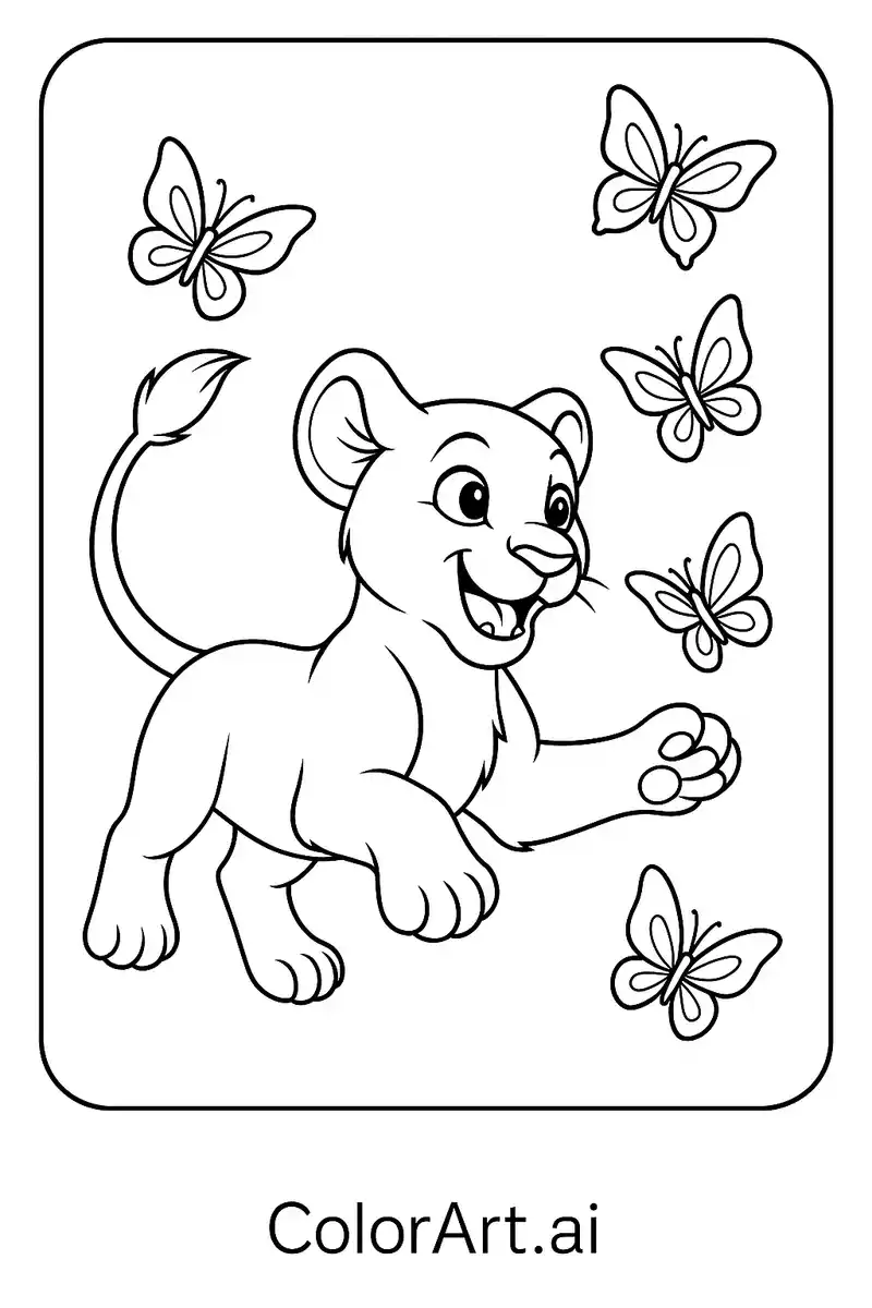 Childhood Wonder: A Lionless Cub’s Fluttering Friends Coloring Page