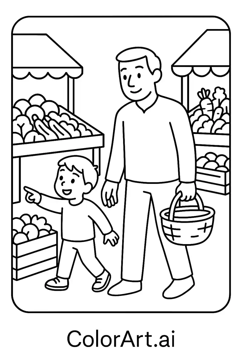 Shopping Vegetables with Kids in Father's Day Coloring Page