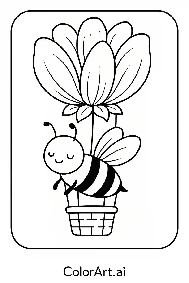 A bee and Flower hot air balloon Coloring Page