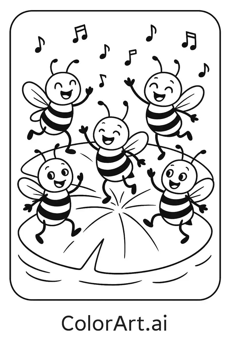 5 Bees singing happily Coloring Page