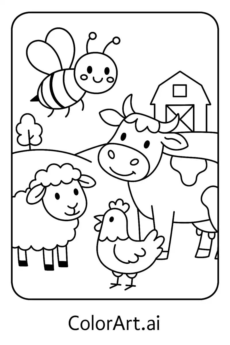 A bee and its Friends in a Farm Coloring Page