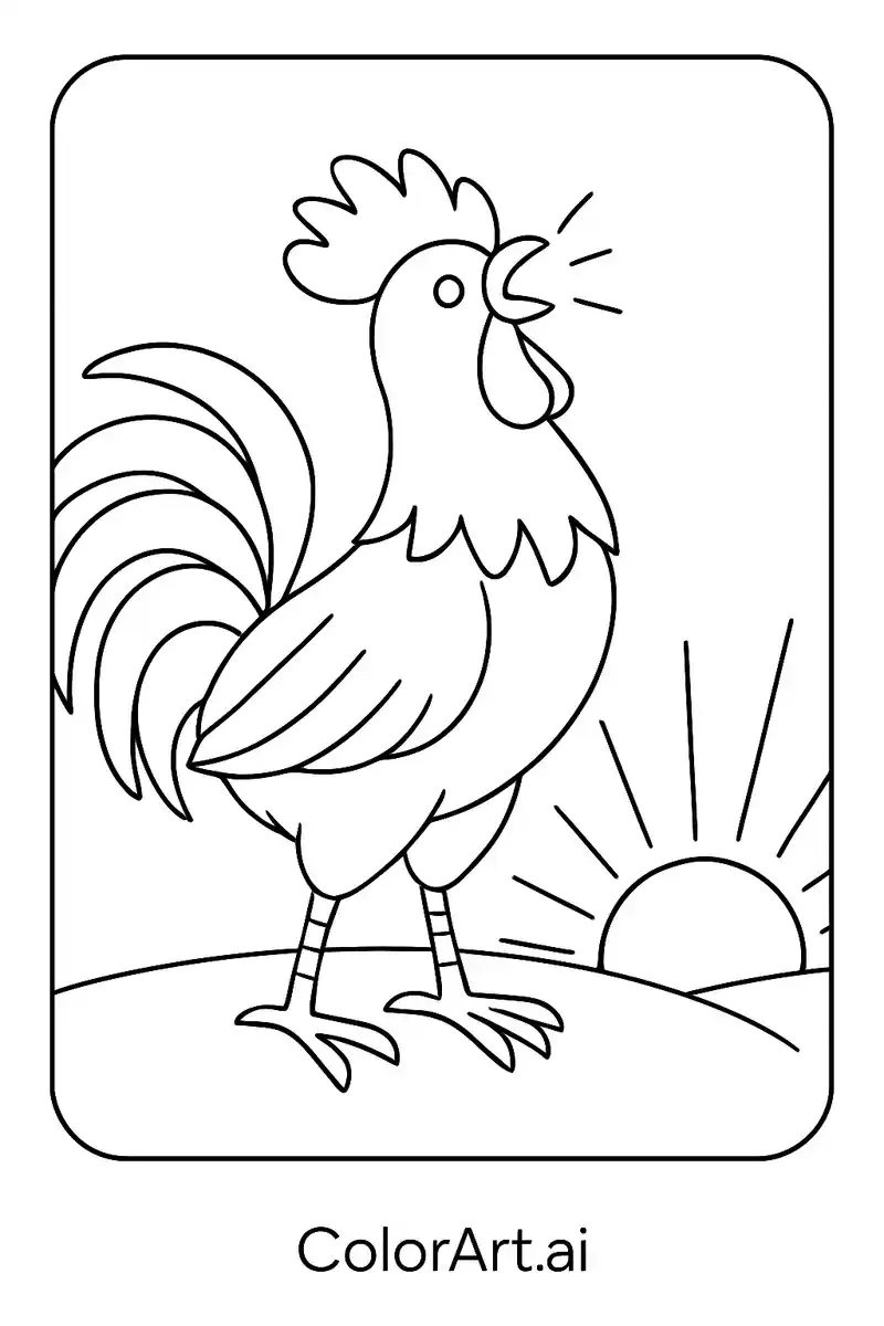 The rooster crows at dawn coloring page