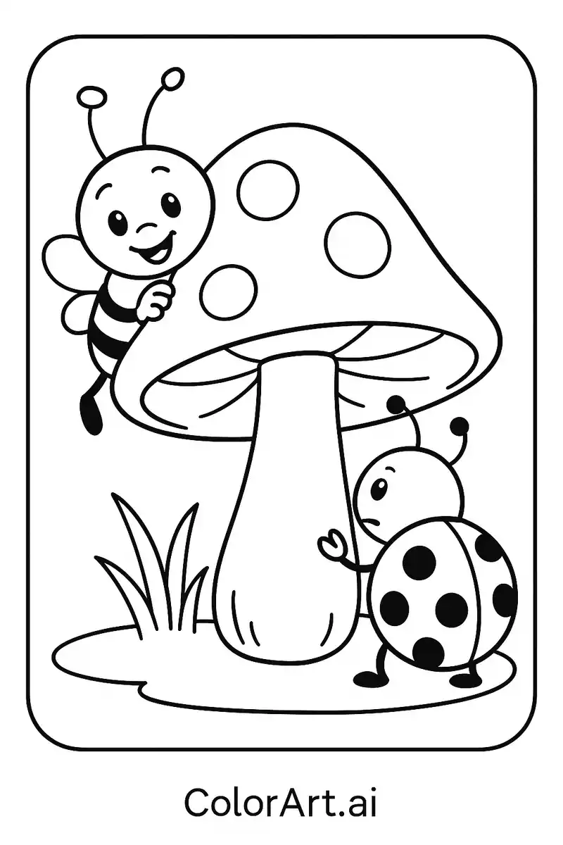 Bee and ladybug playing hide and seek at a big mushroom coloring page