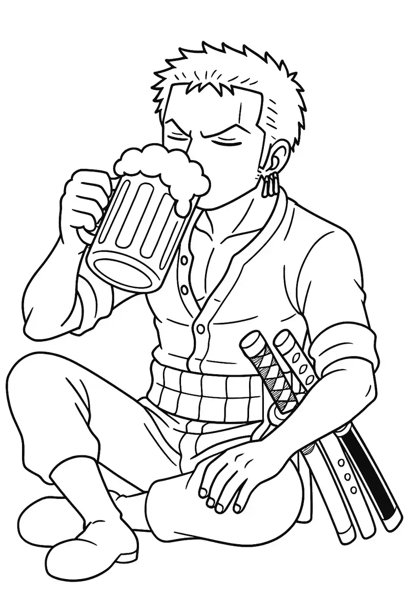 One Piece Legendary Swordsman Roronoa Zoro Drinking Beer Coloring Page