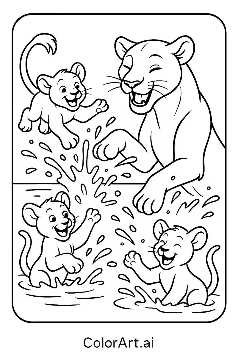 Family Splash: Lioness and Cubs at Play Coloring Page