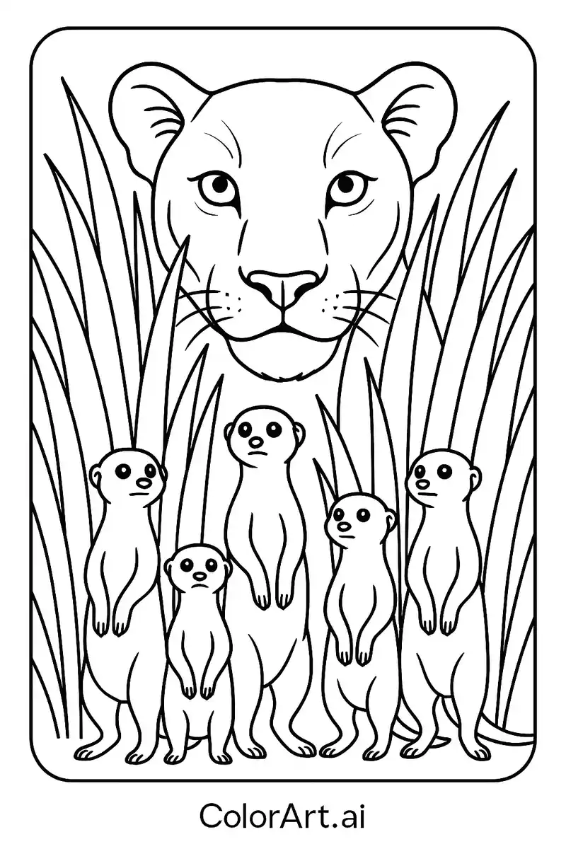 Curious Watcher Lioness & Meerkats Coloring Page