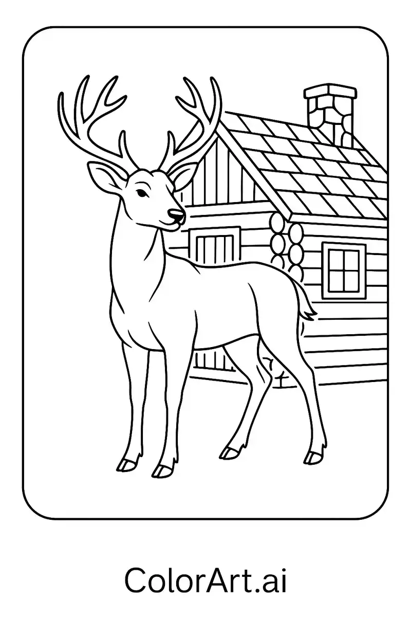 A Buck Standing in front of Wooden House Coloring Page