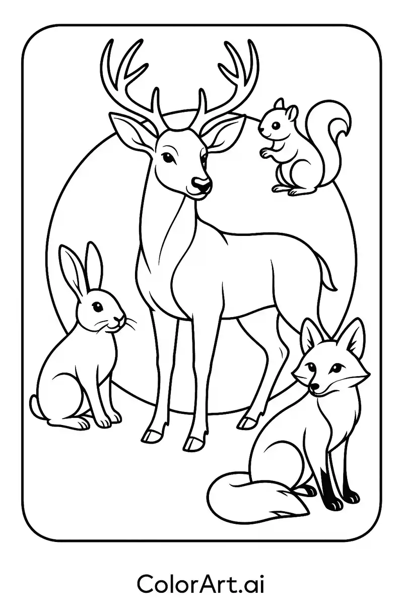 Coloring Page: Majestic Buck with Woodland Friends