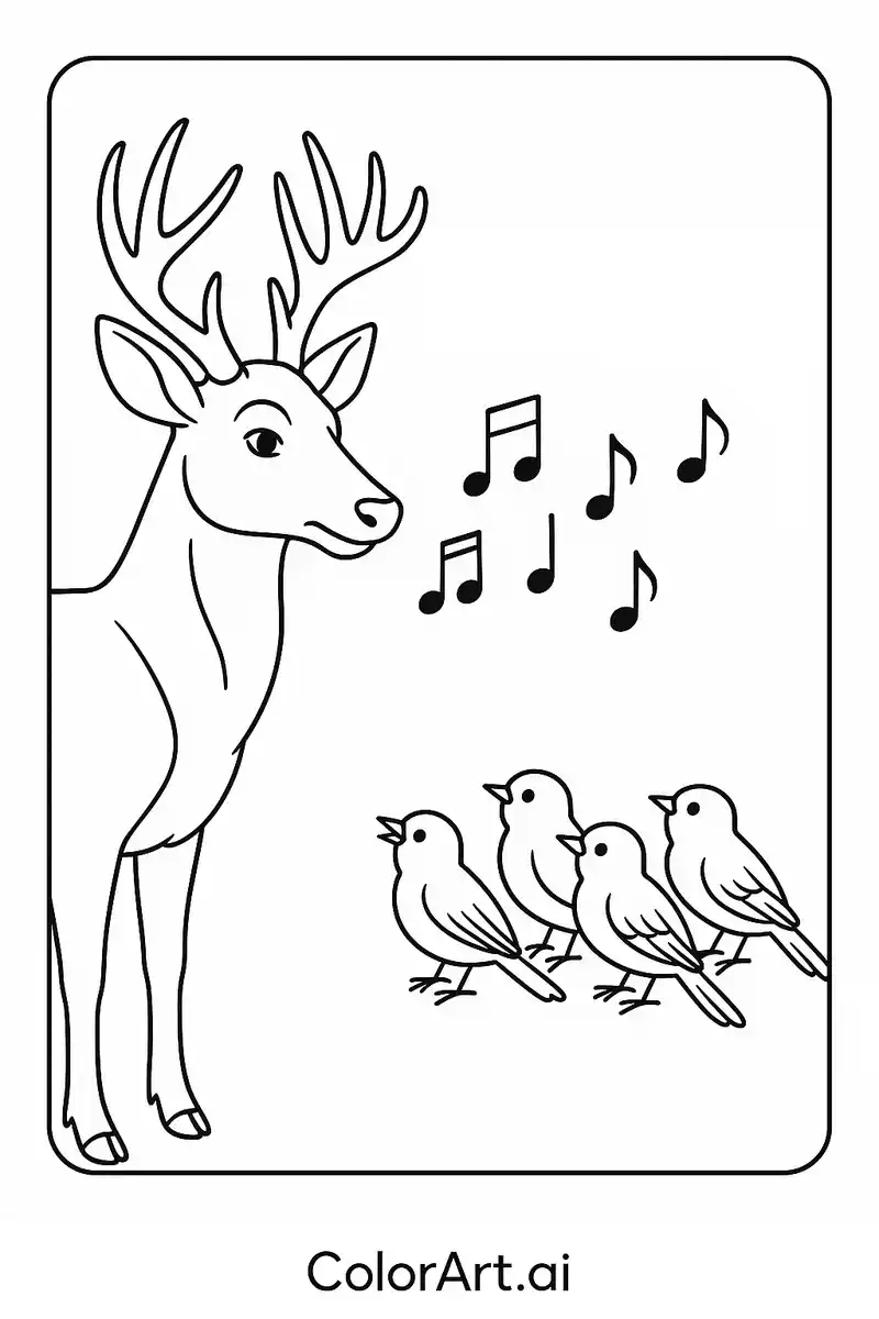Majestic Buck listening Robin Bird singing coloring page