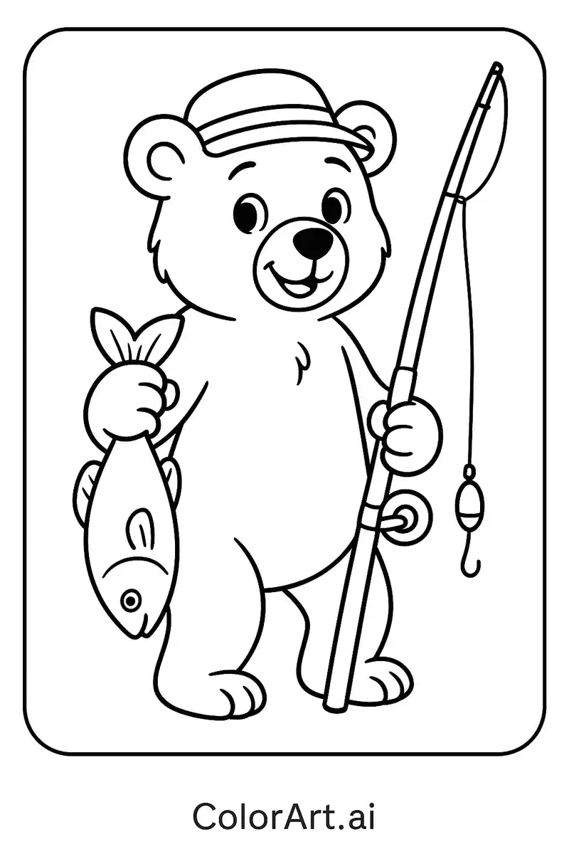 The Happy Bear Go Fishing Coloring Page