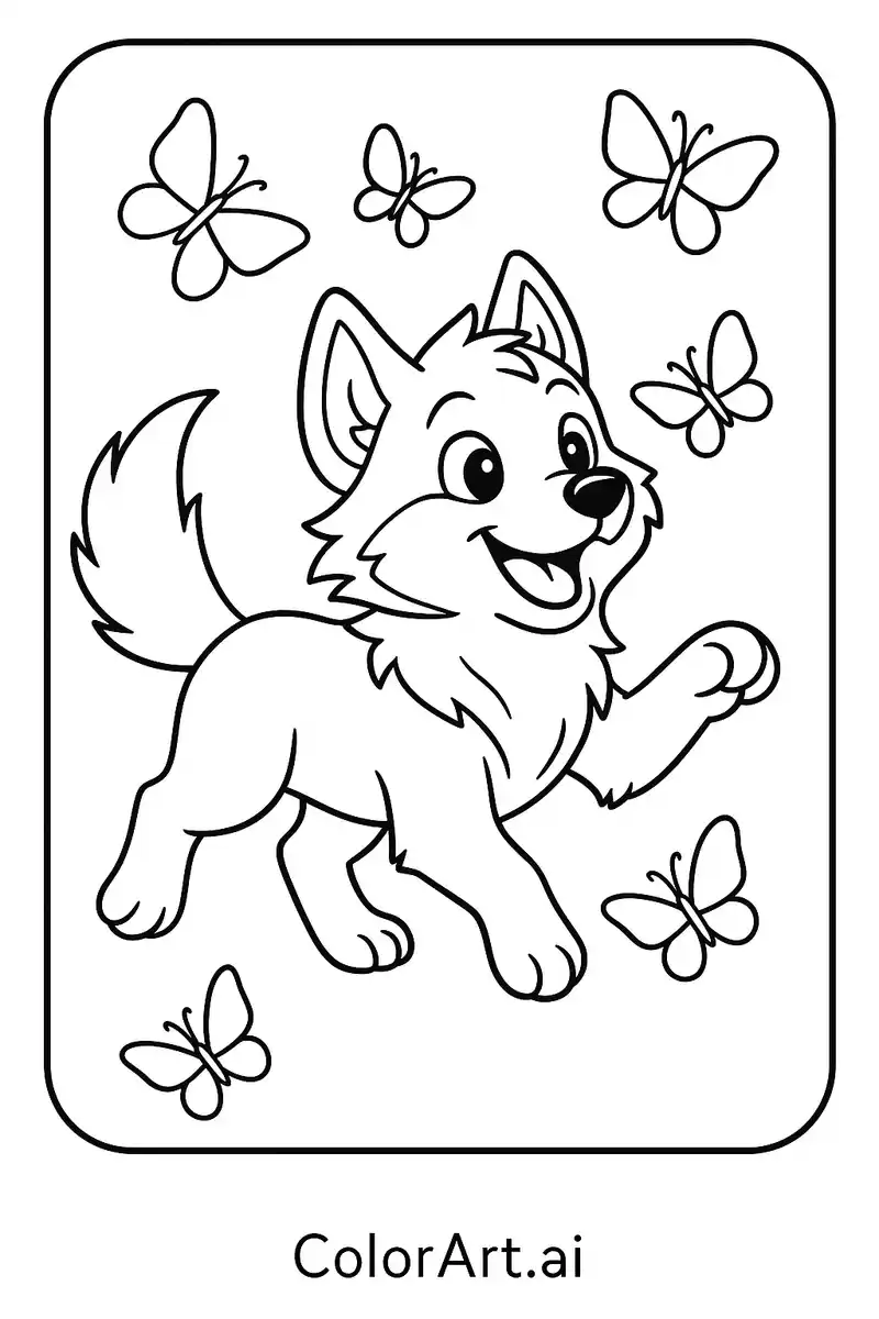 The Playful Gray Wolf and Dancing Butterflies Coloring Page