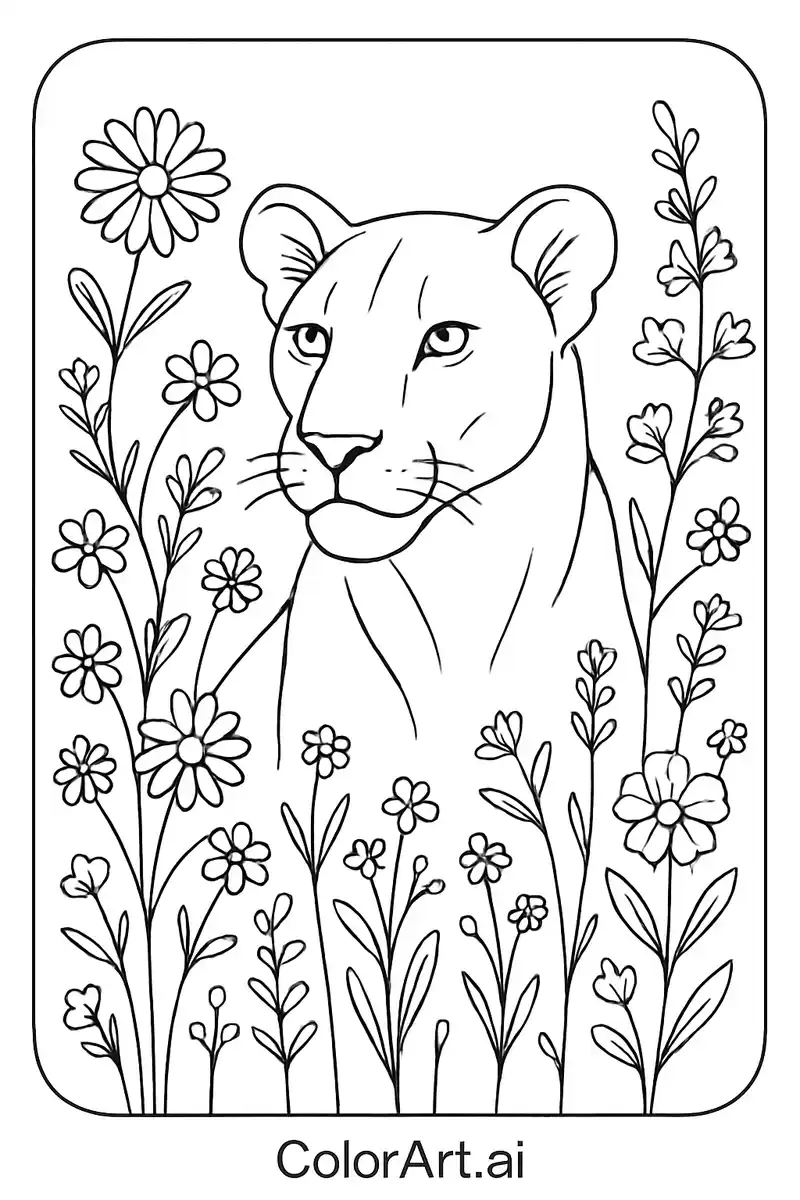 Wildflower Queen Lioness Among Blooms Coloring Page