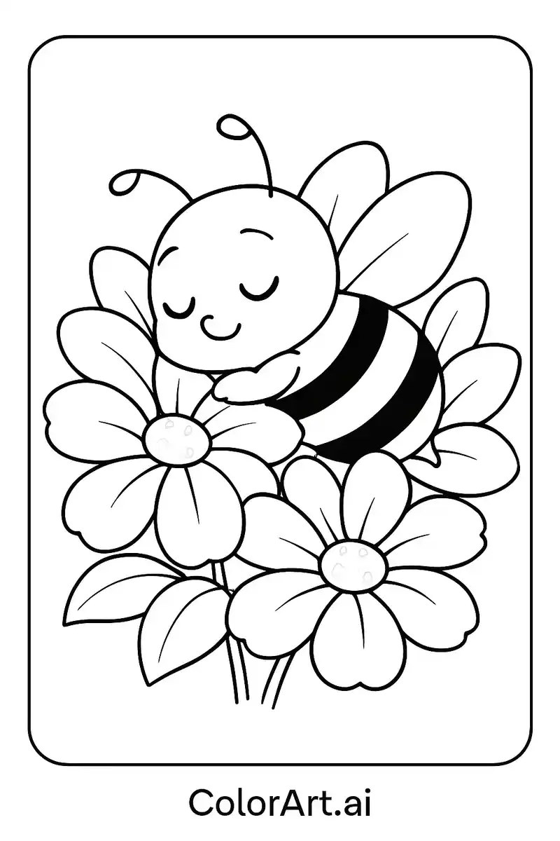 A sleeping Bee at Flowers Coloring page