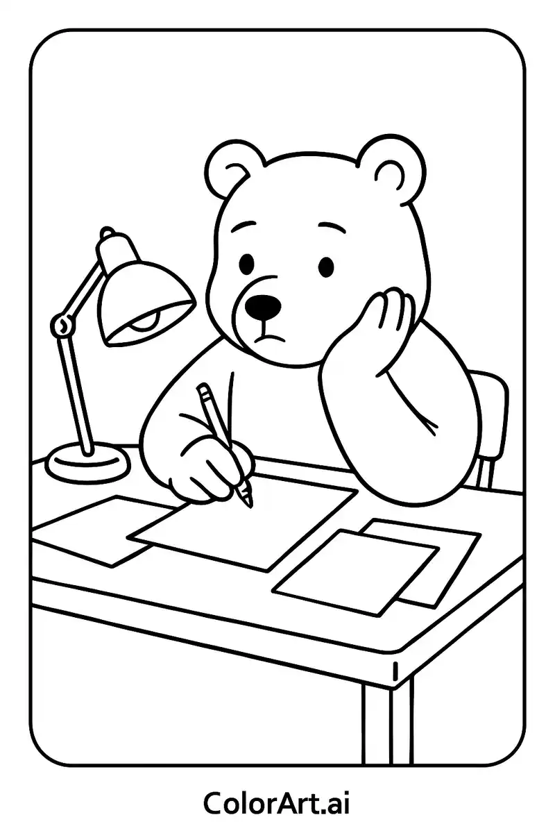 A Bear doing Homework Coloring Page