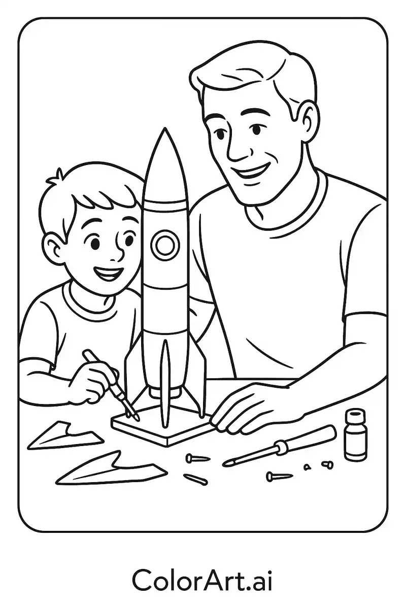 Building a model rocket in Father's Day Coloring Page